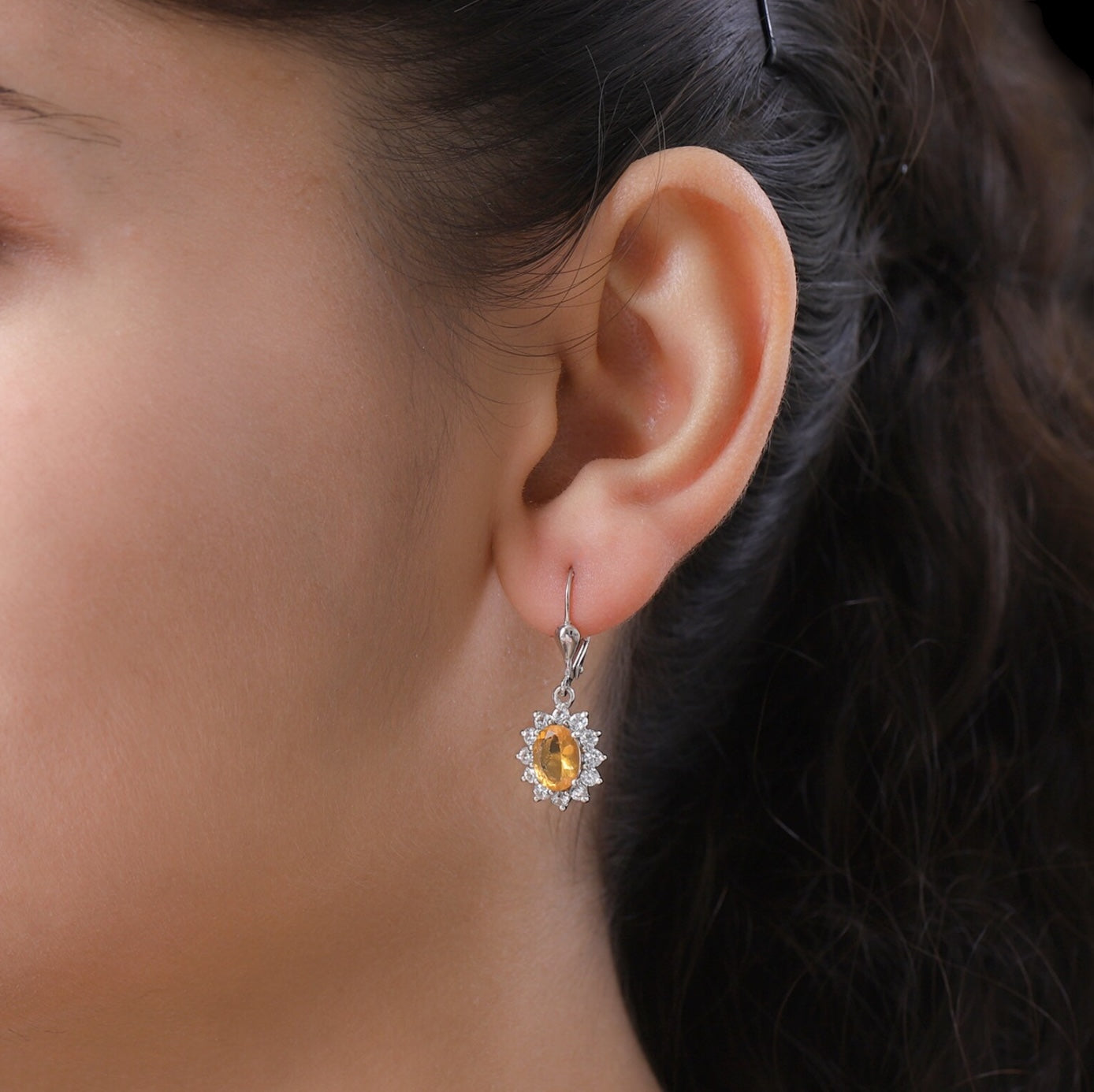 Oval Mexican Opal Lever Back Halo Dangle Earrings