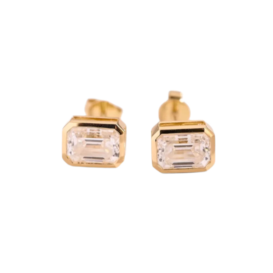 Bezel-Set Emerald-Cut Moissanite Solitaire Stud Earrings