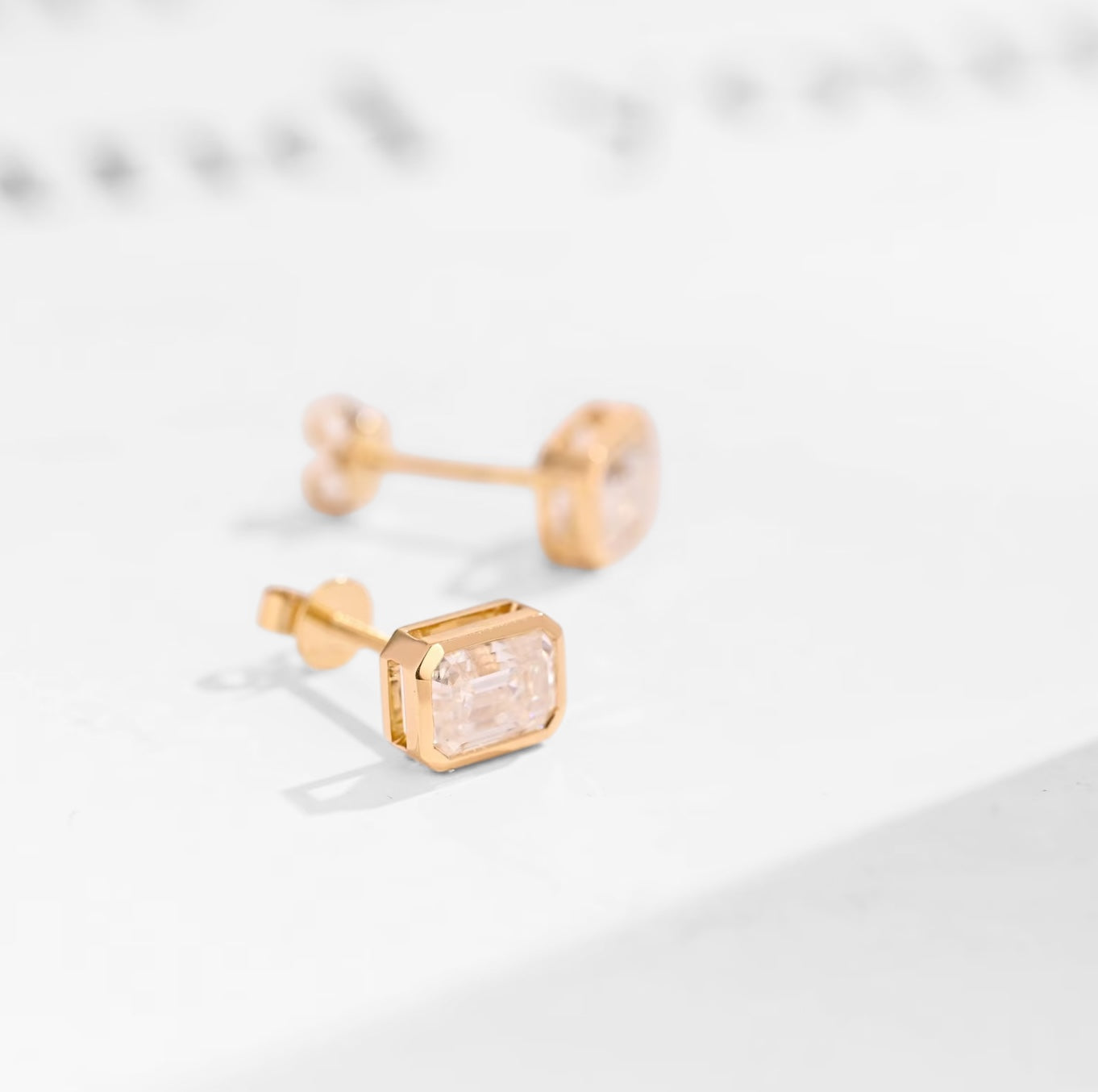 Bezel-Set Emerald-Cut Moissanite Solitaire Stud Earrings