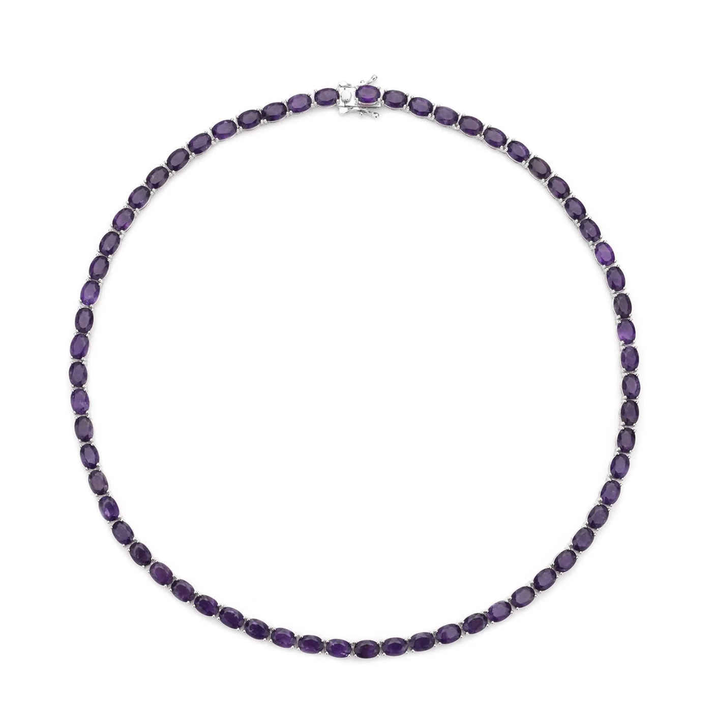 Luxury tennis necklace with sparkling gemstones set in silver.