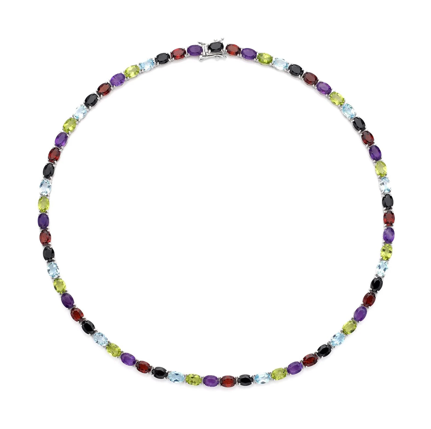 Luxury tennis necklace with sparkling gemstones set in silver.