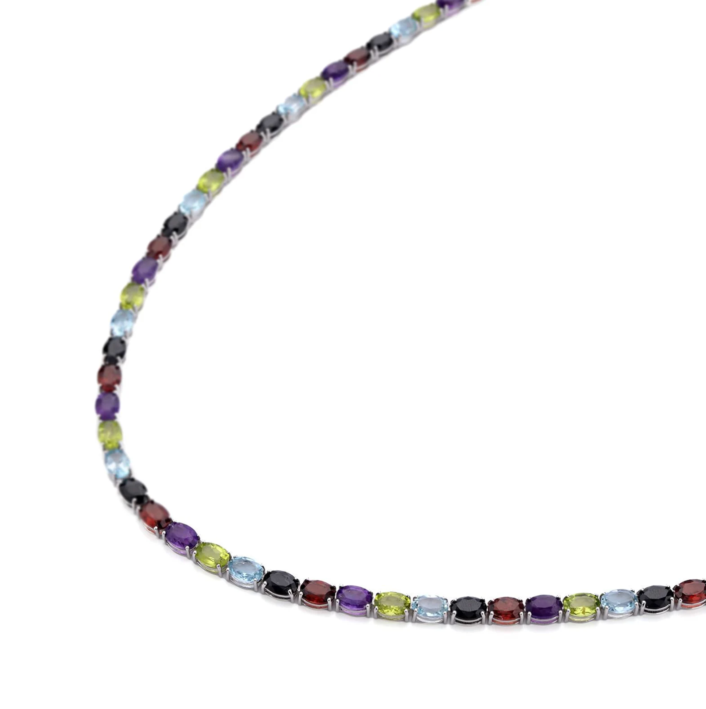 Luxury tennis necklace with sparkling gemstones set in silver.