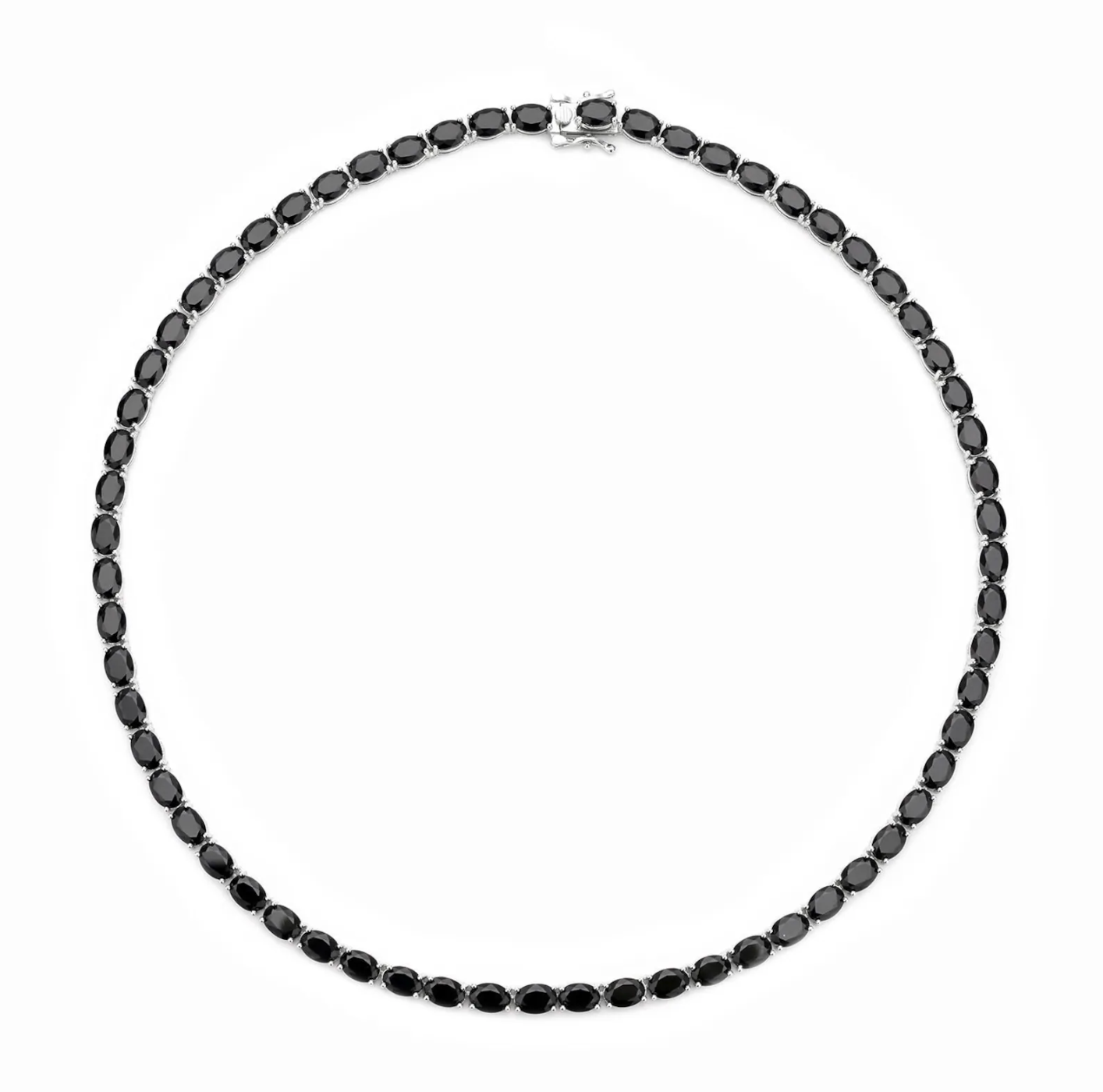 Luxury tennis necklace with sparkling gemstones set in silver.