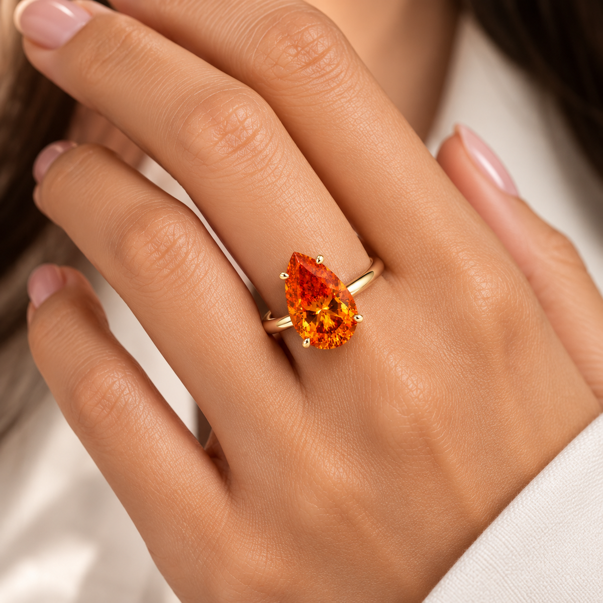 Ceylon Orange Pear Cut Moissanite Ring | 6 Ct Orange Gemstone Ring | 14K Yellow Gold Hidden Halo Ring | Unique Bridal Promise Ring
