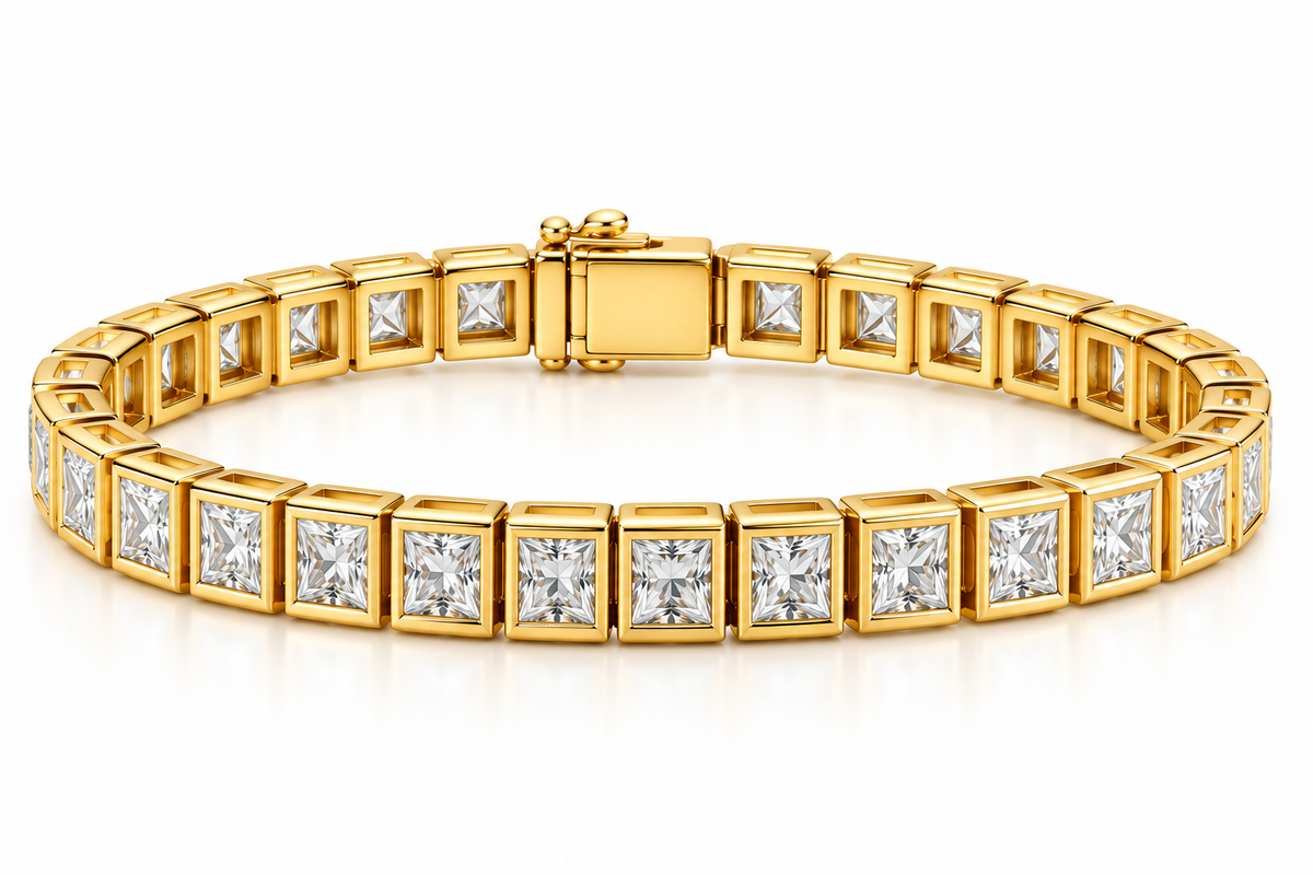 3mm Princess cut Moissanite Tennis Bracelet 14k Gold Vermeil Finish Bezel Set