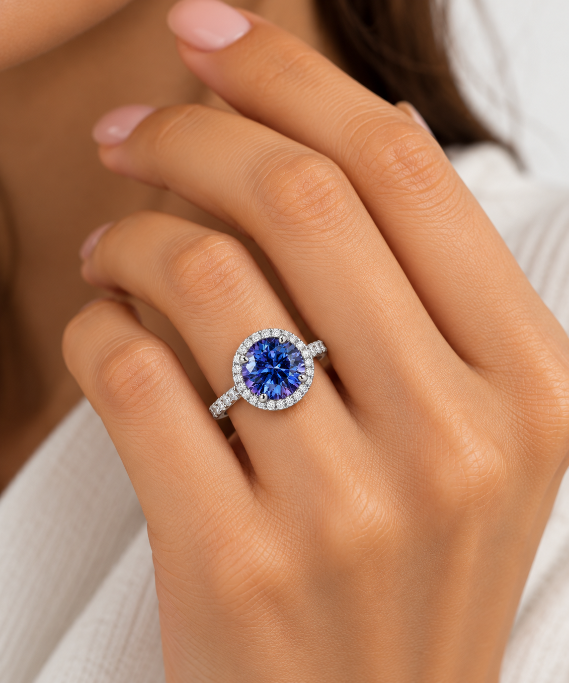 4 CT Blue Alexandrite Moissanite Engagement Ring | 14K White Gold Halo, Pave Band