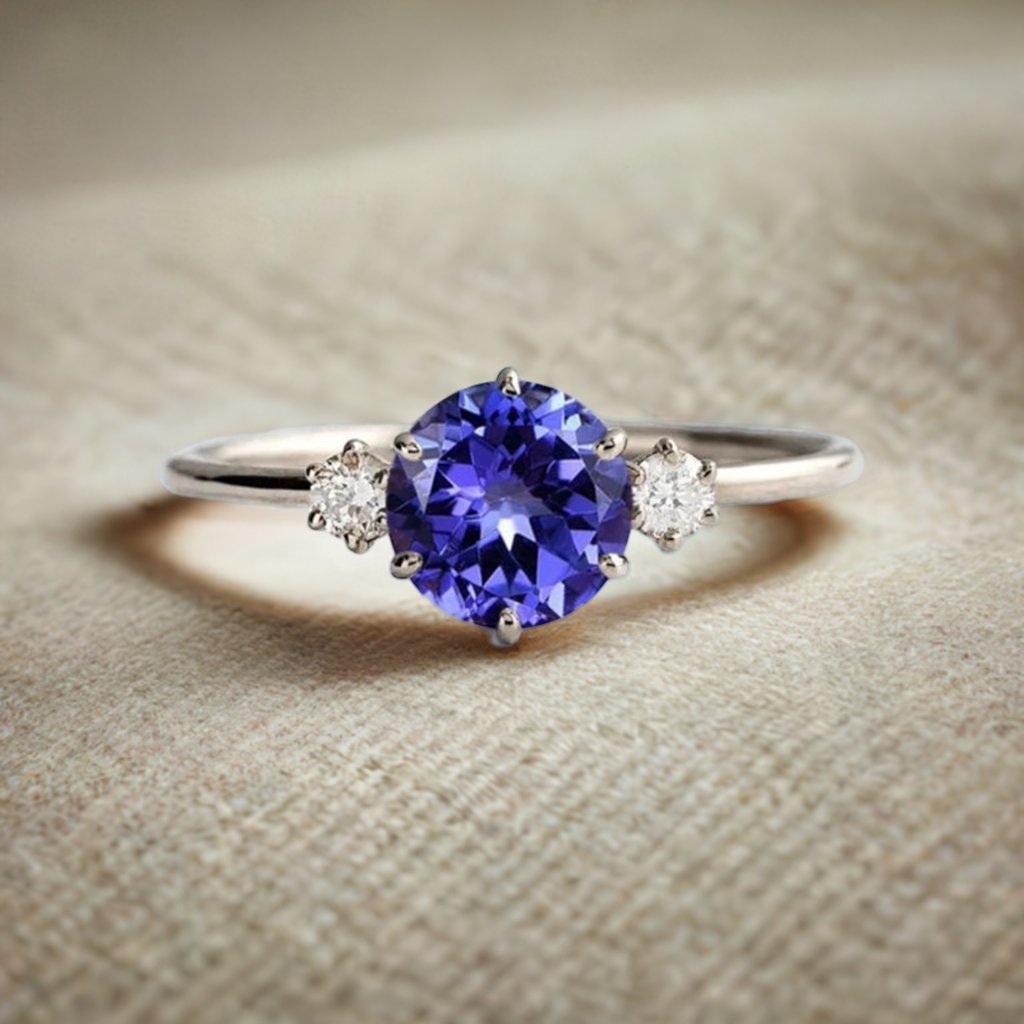 Classic Tanzanite and Diamond Three Stone Engagement Ring