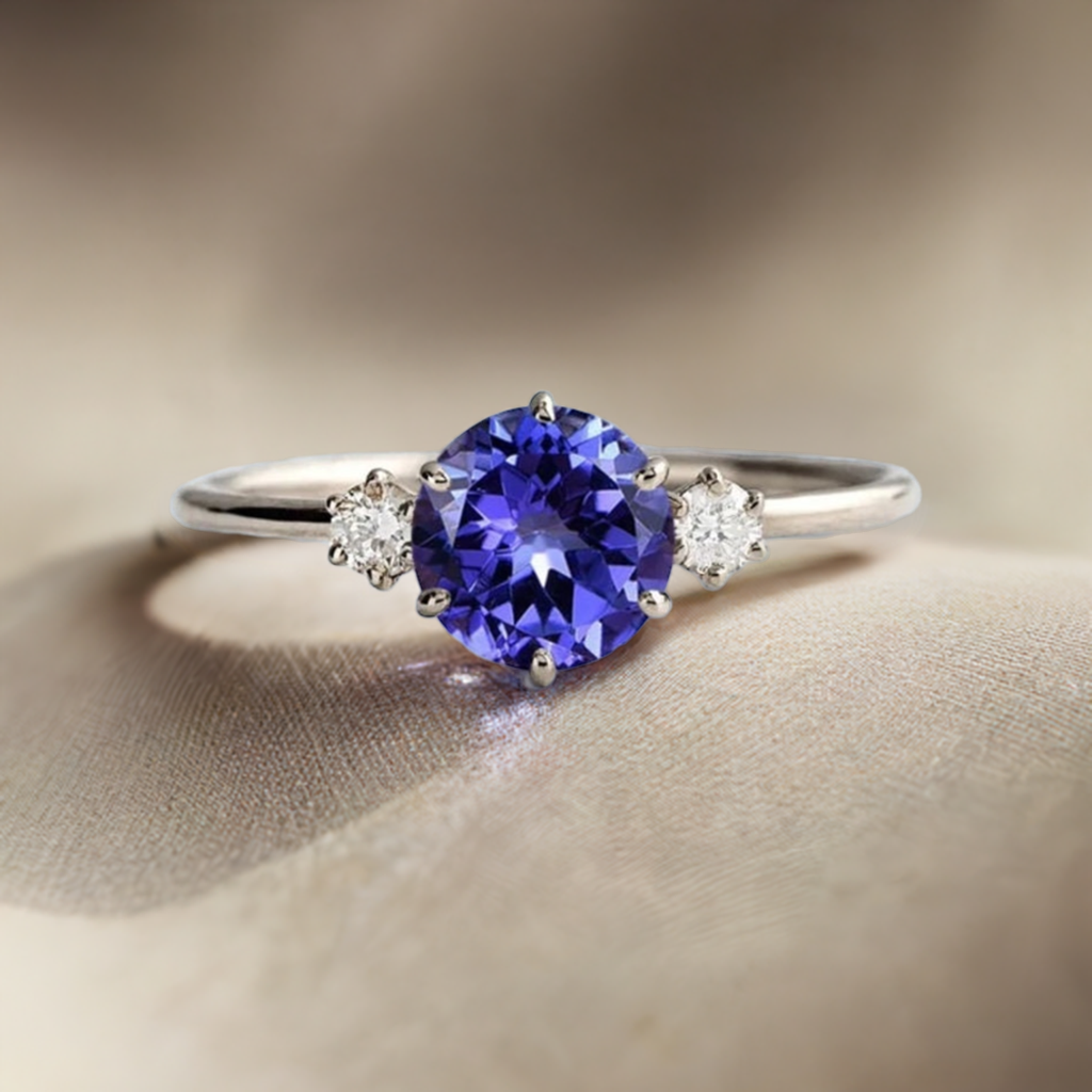 Classic Tanzanite and Diamond Three Stone Engagement Ring