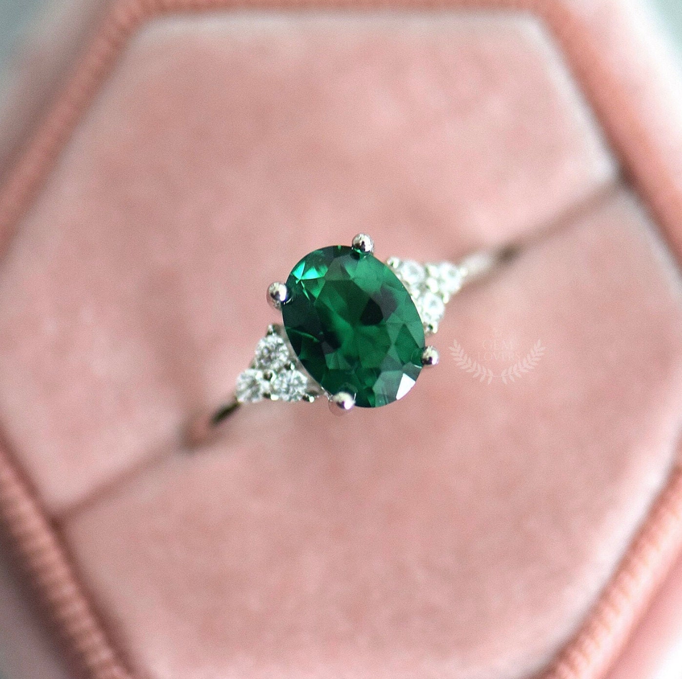 Lab-Grown Solitaire Oval Emerald Ring with Trio Lab Created Accents