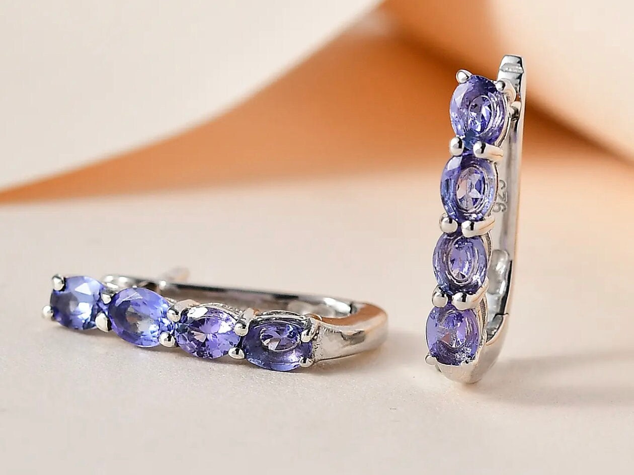 Oval Shaped Tanzanite Huggie Hoop Earrings
