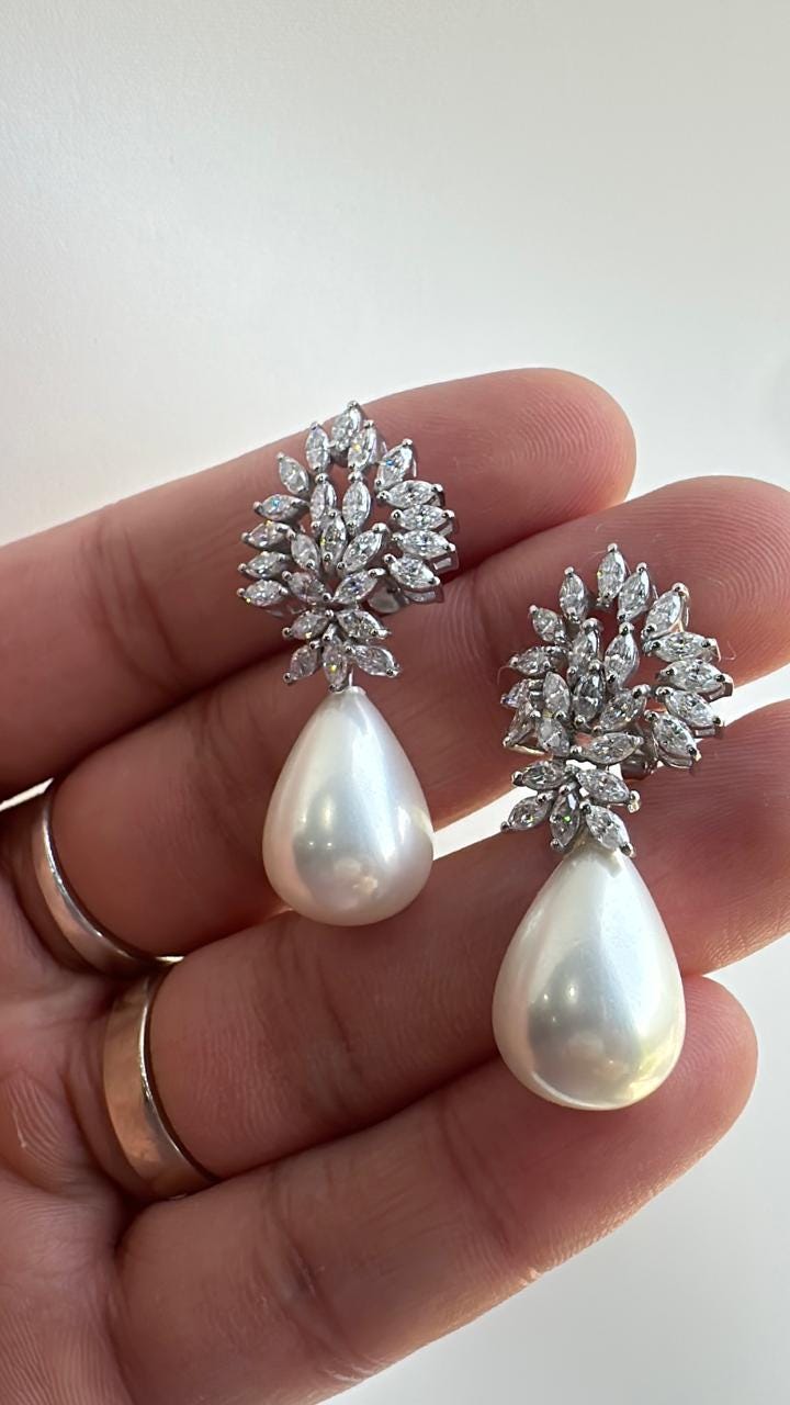 Moissanite & Pearl Drop Earrings for women: 925 Silver Platinum Finish Jewelry for Gift