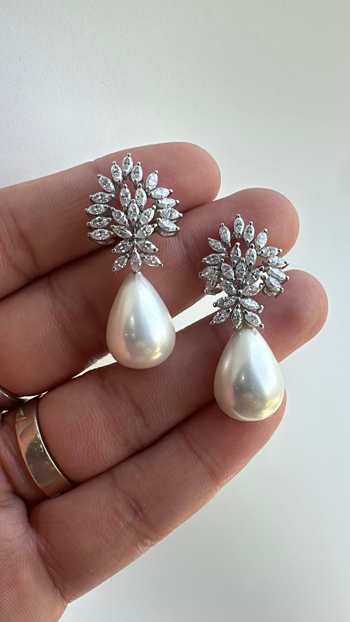 Moissanite & Pearl Drop Earrings for women: 925 Silver Platinum Finish Jewelry for Gift