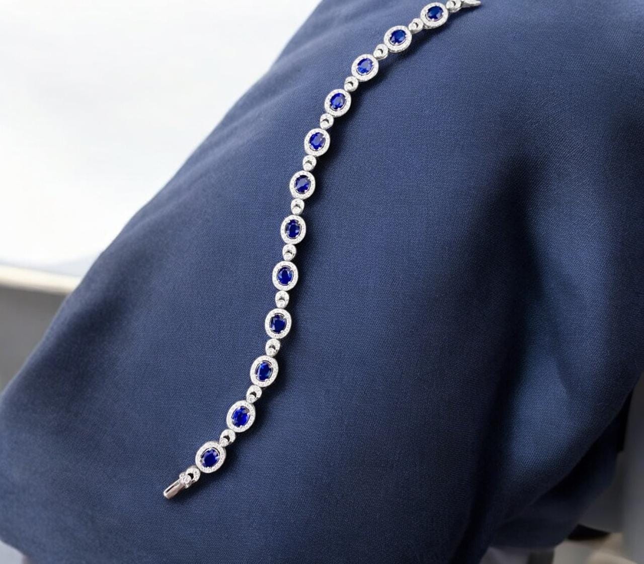 Blue Sapphire & Moissanite Halo Bracelet: 925 Sterling Silver