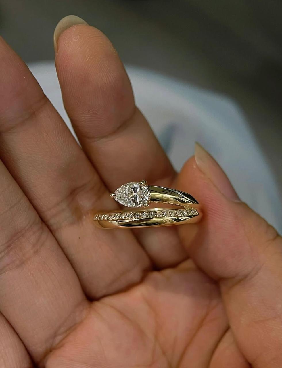 Pear Moissanite Engagement Ring: 14K Gold Vermeil Sterling Silver Bypass Design