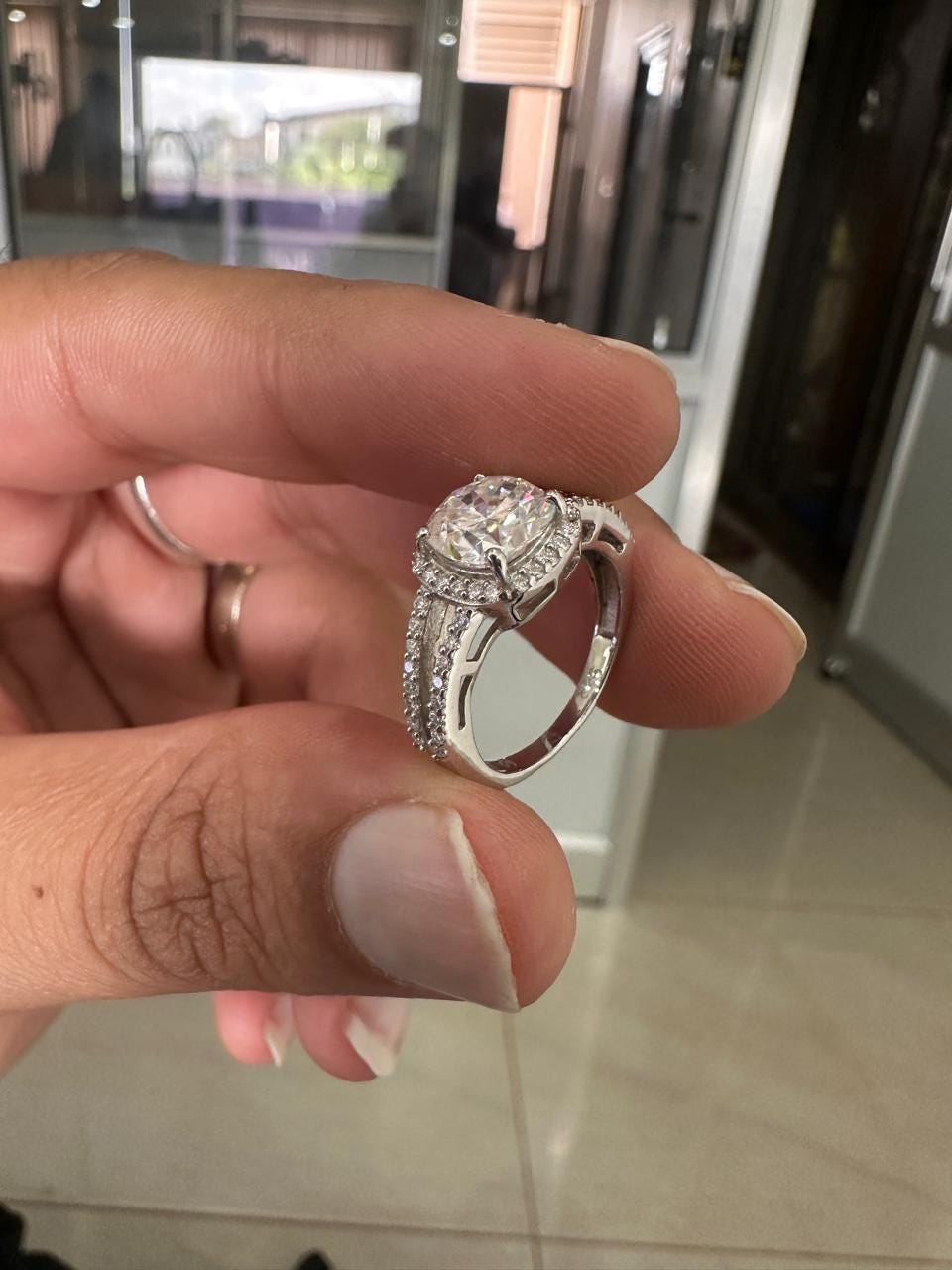Cushion Moissanite Halo Engagement Ring – 925 Sterling Silver, 14k White Gold Finish