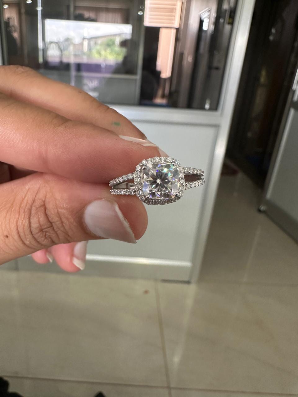 Cushion Moissanite Halo Engagement Ring – 925 Sterling Silver, 14k White Gold Finish