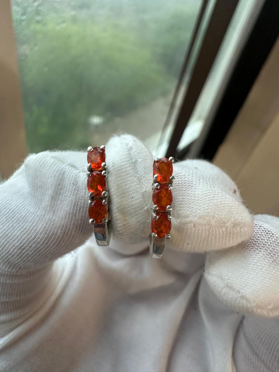 Natural Fire Opal Huggie Hoop Earrings for gift | 925 Silver, Orange gemstone jewelry