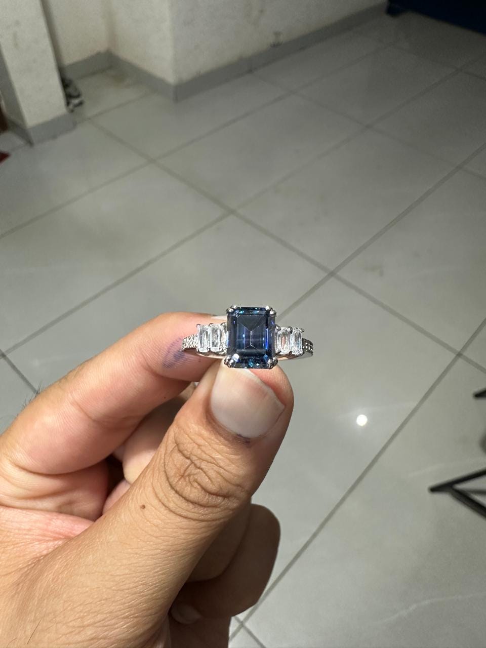 3 CT Emerald Cut Blue Moissanite Engagement Ring, 14K White Gold Anniversary Ring