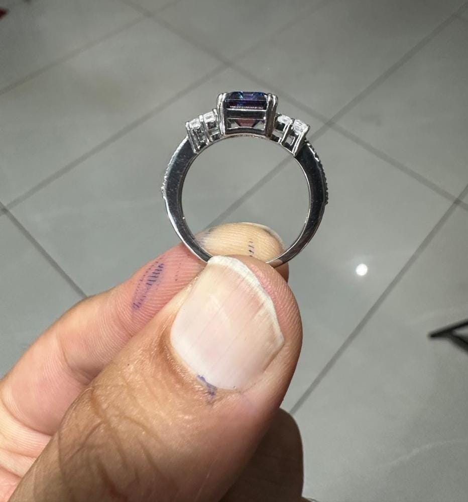 3 CT Emerald Cut Blue Moissanite Engagement Ring, 14K White Gold Anniversary Ring