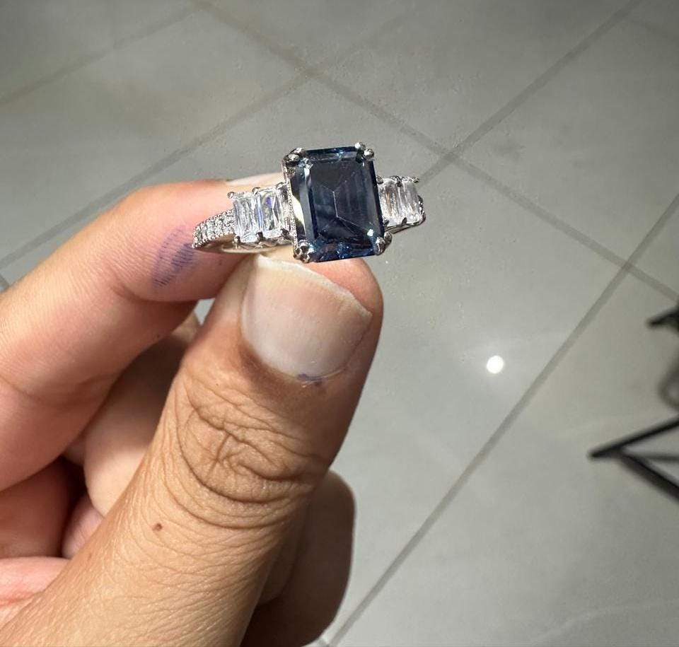 3 CT Emerald Cut Blue Moissanite Engagement Ring, 14K White Gold Anniversary Ring