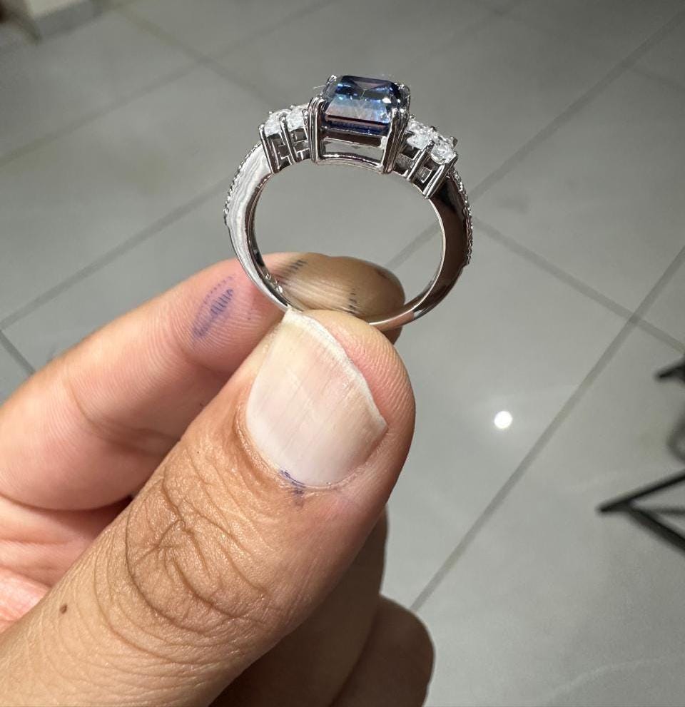 3 CT Emerald Cut Blue Moissanite Engagement Ring, 14K White Gold Anniversary Ring