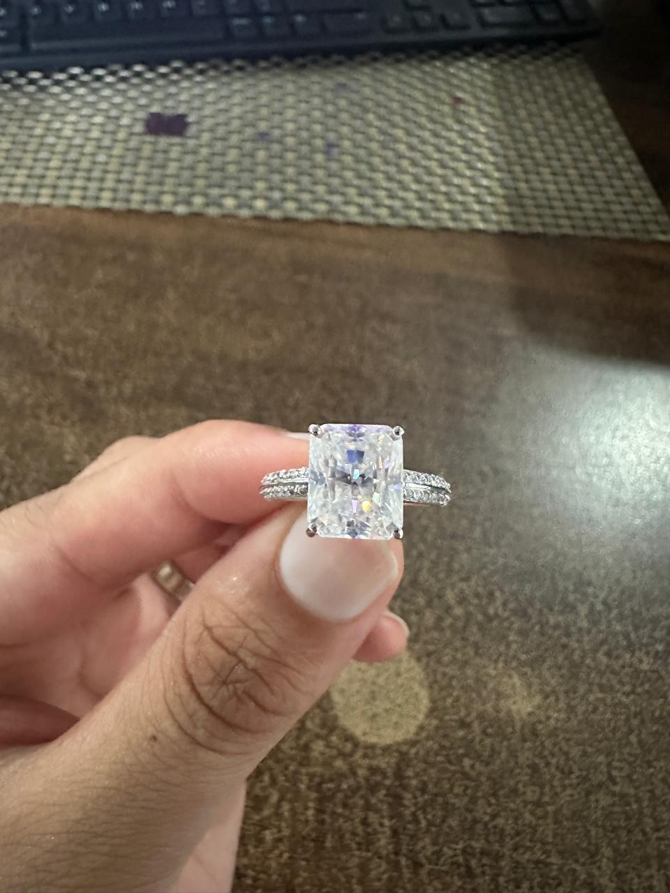 Radiant Cut Moissanite Engagement Ring, Double Pavé Band Ring, Anniversary Gift for Her