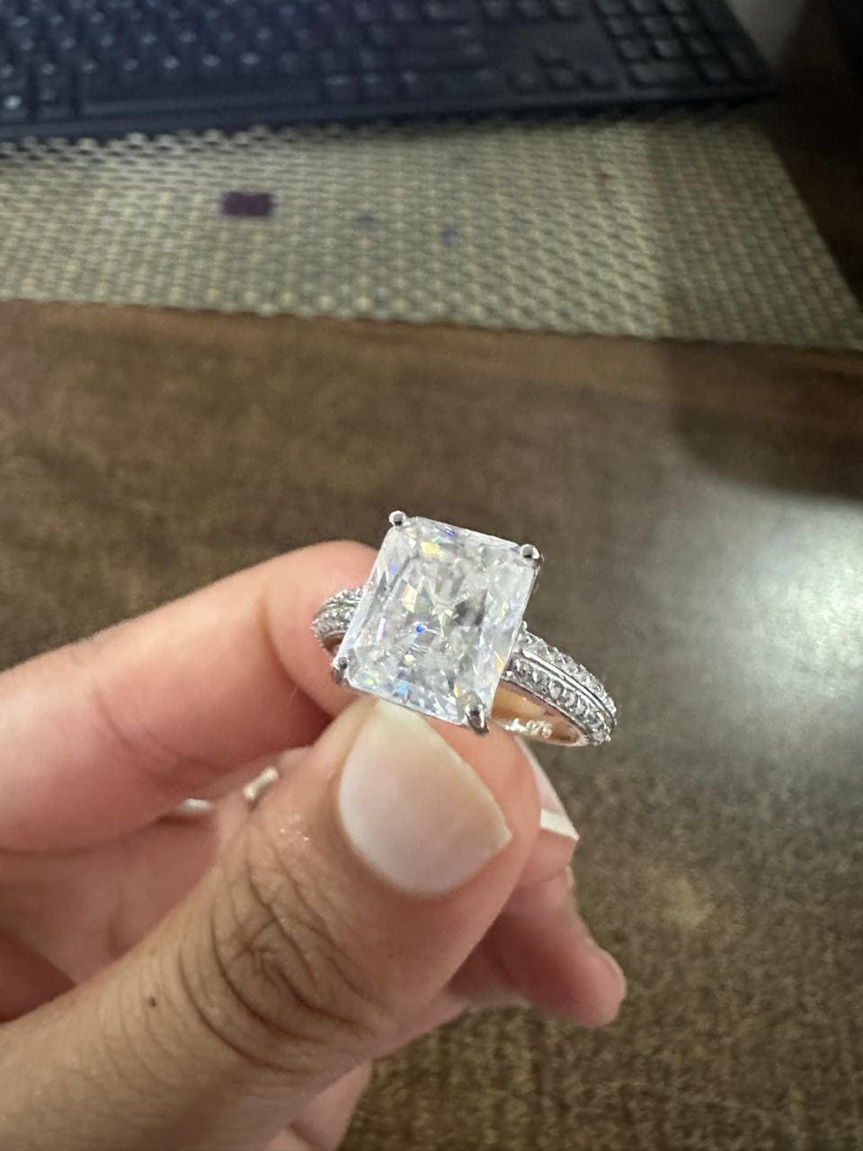 Radiant Cut Moissanite Engagement Ring, Double Pavé Band Ring, Anniversary Gift for Her