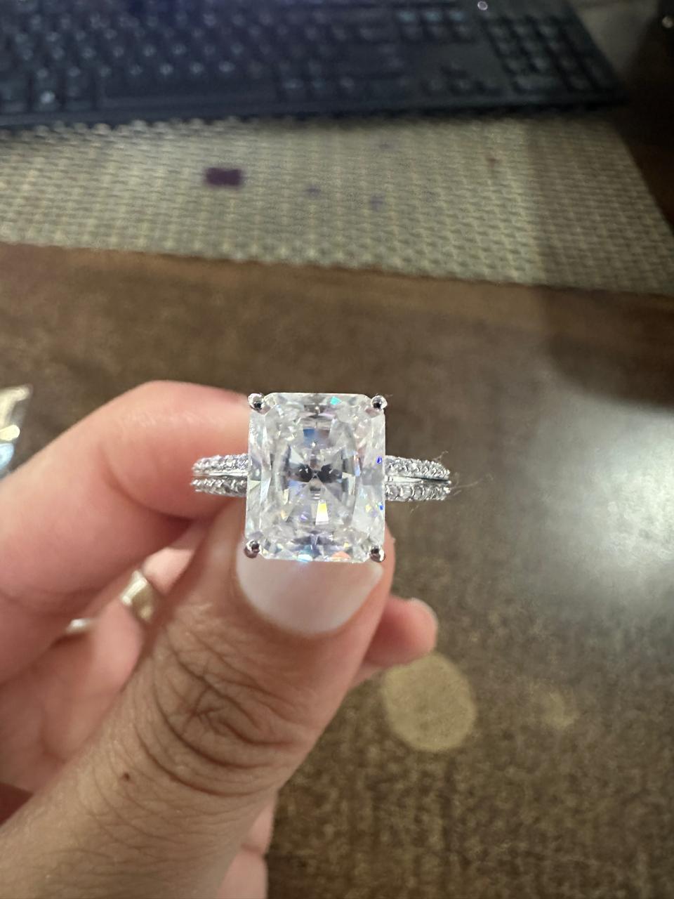 Radiant Cut Moissanite Engagement Ring, Double Pavé Band Ring, Anniversary Gift for Her