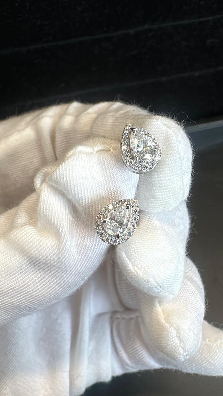 Pear Moissanite Halo Stud Earrings | 925 Sterling Silver, Platinum Finish