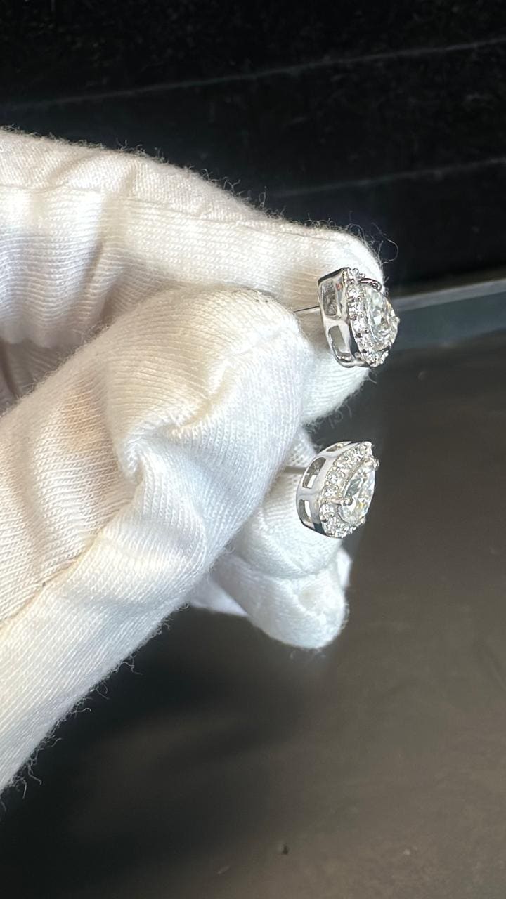 Pear Moissanite Halo Stud Earrings | 925 Sterling Silver, Platinum Finish