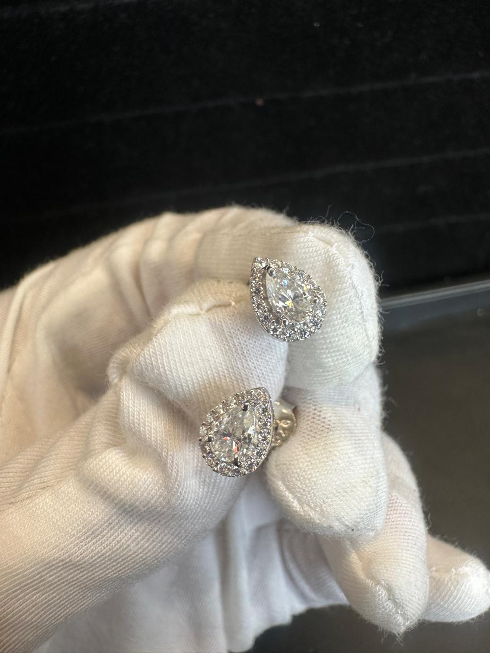 Pear Moissanite Halo Stud Earrings | 925 Sterling Silver, Platinum Finish
