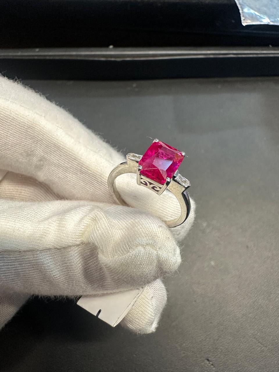 2.5 CT Emerald Cut Ruby Engagement Ring, Three Stone Moissanite, 14K White Gold Ring