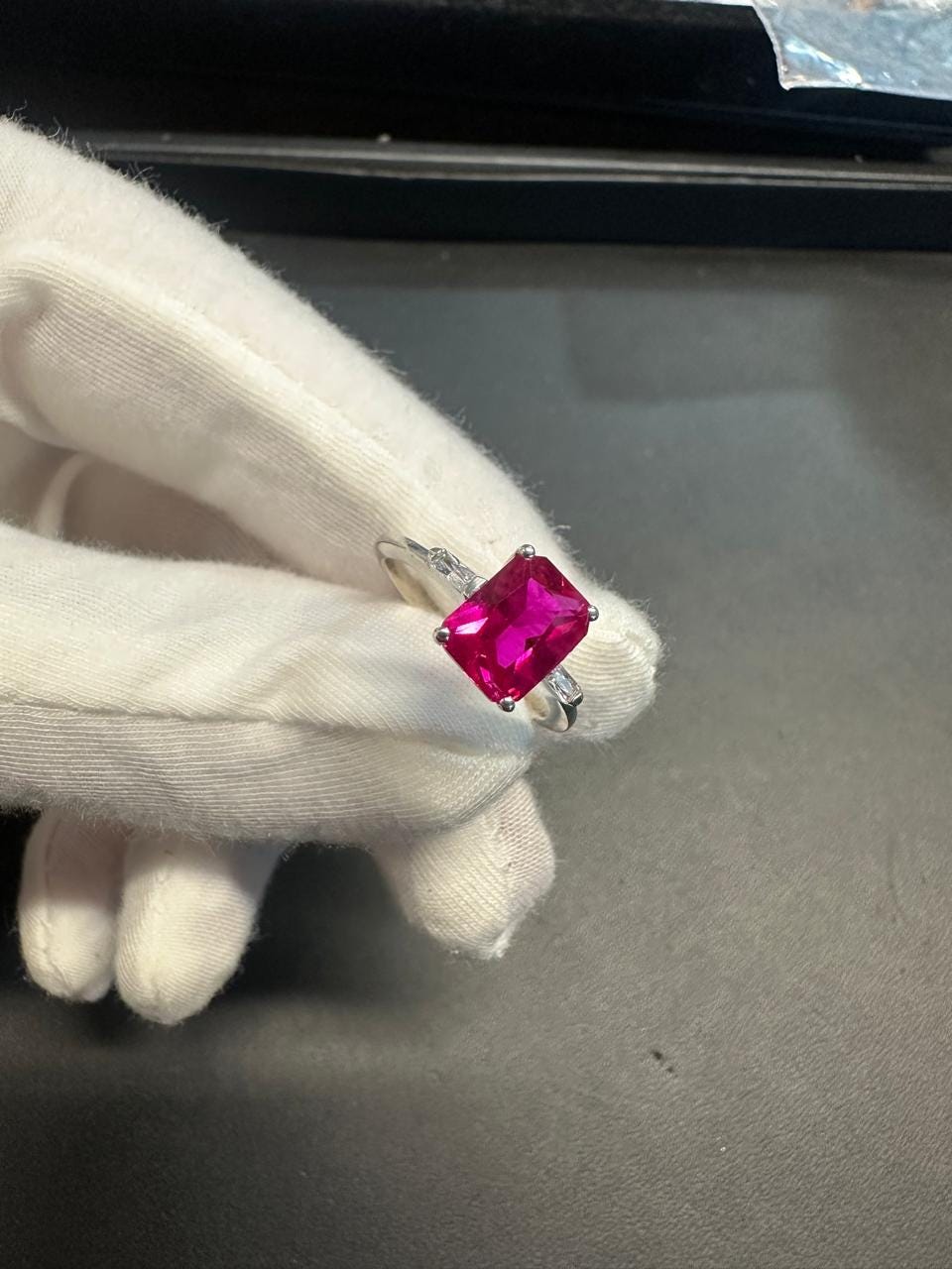 2.5 CT Emerald Cut Ruby Engagement Ring, Three Stone Moissanite, 14K White Gold Ring