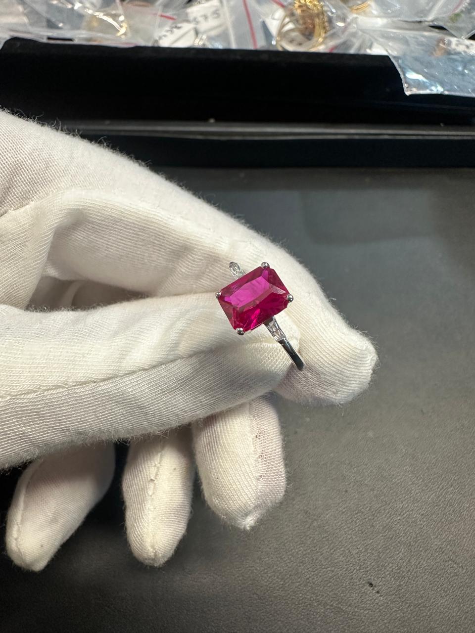 2.5 CT Emerald Cut Ruby Engagement Ring, Three Stone Moissanite, 14K White Gold Ring