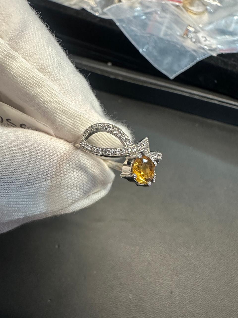 Citrine Masquerade Ring | Moissanite Accents, Platinum Over 925 Silver