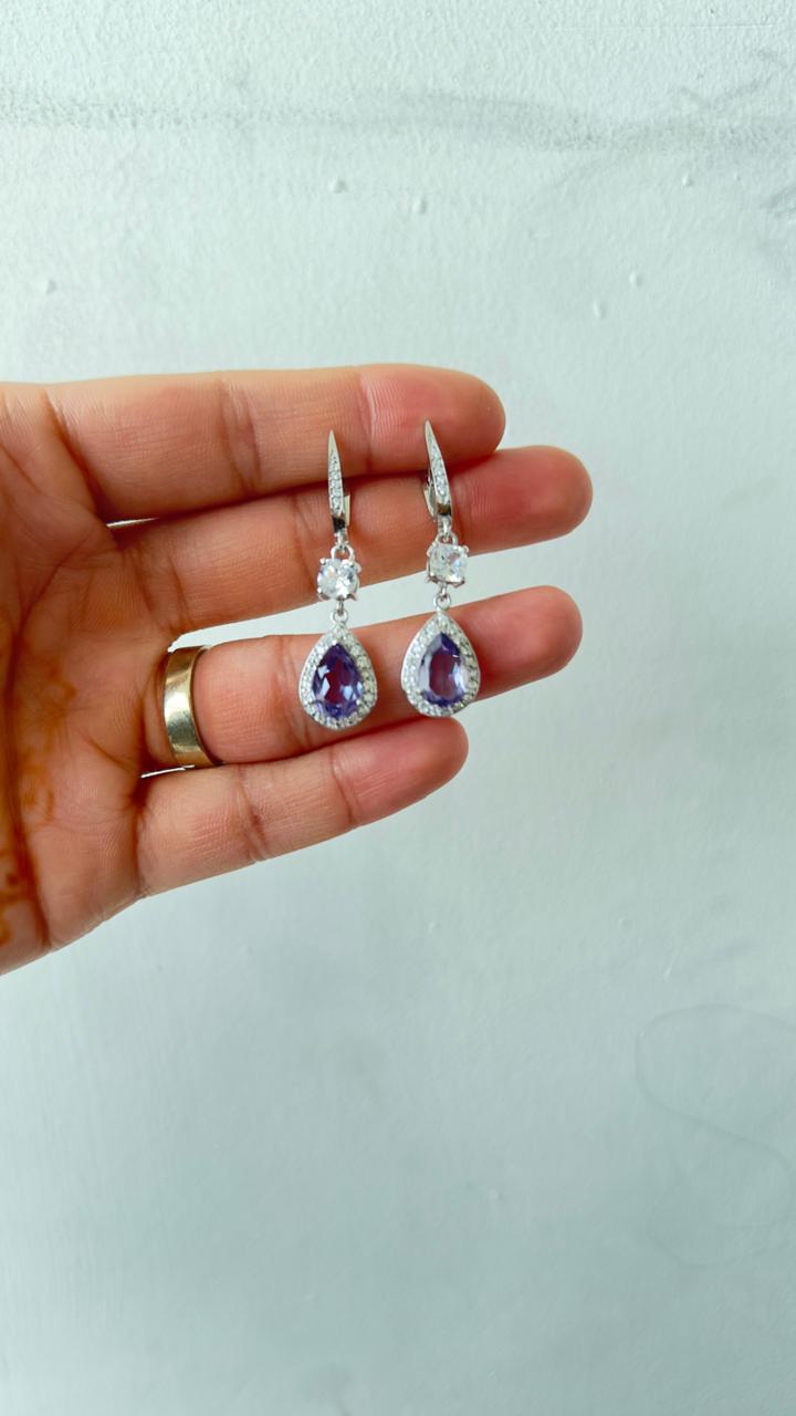 Amethyst Pear Drop Earrings | Moissanite Halo, Sterling Silver