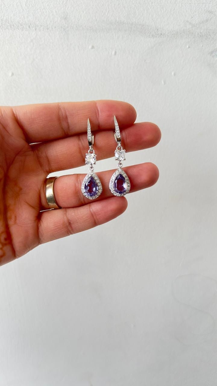 Amethyst Pear Drop Earrings | Moissanite Halo, Sterling Silver
