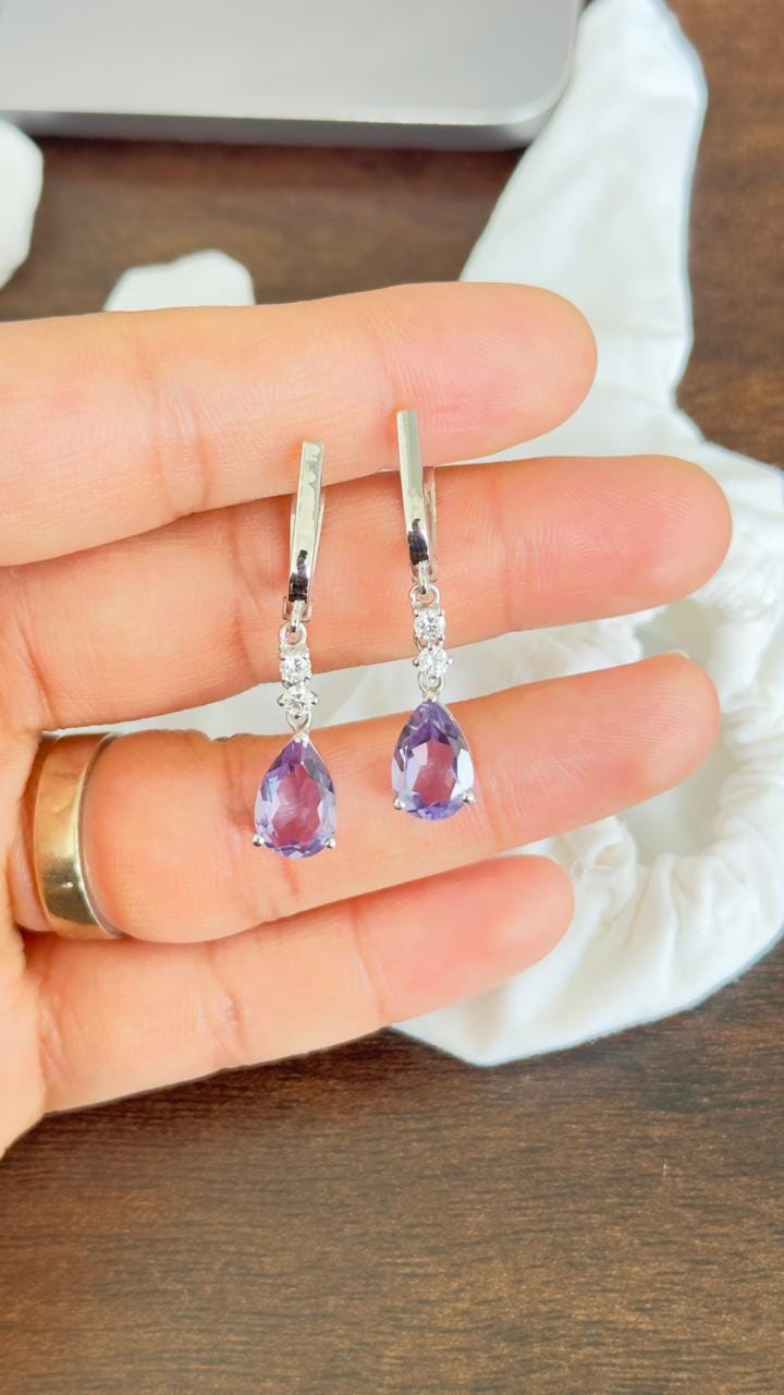 Amethyst Teardrop Dangle Earrings | Moissanite, Sterling Silver