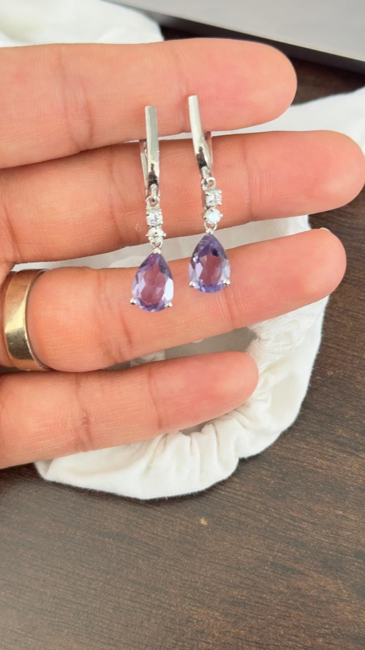 Amethyst Teardrop Dangle Earrings | Moissanite, Sterling Silver