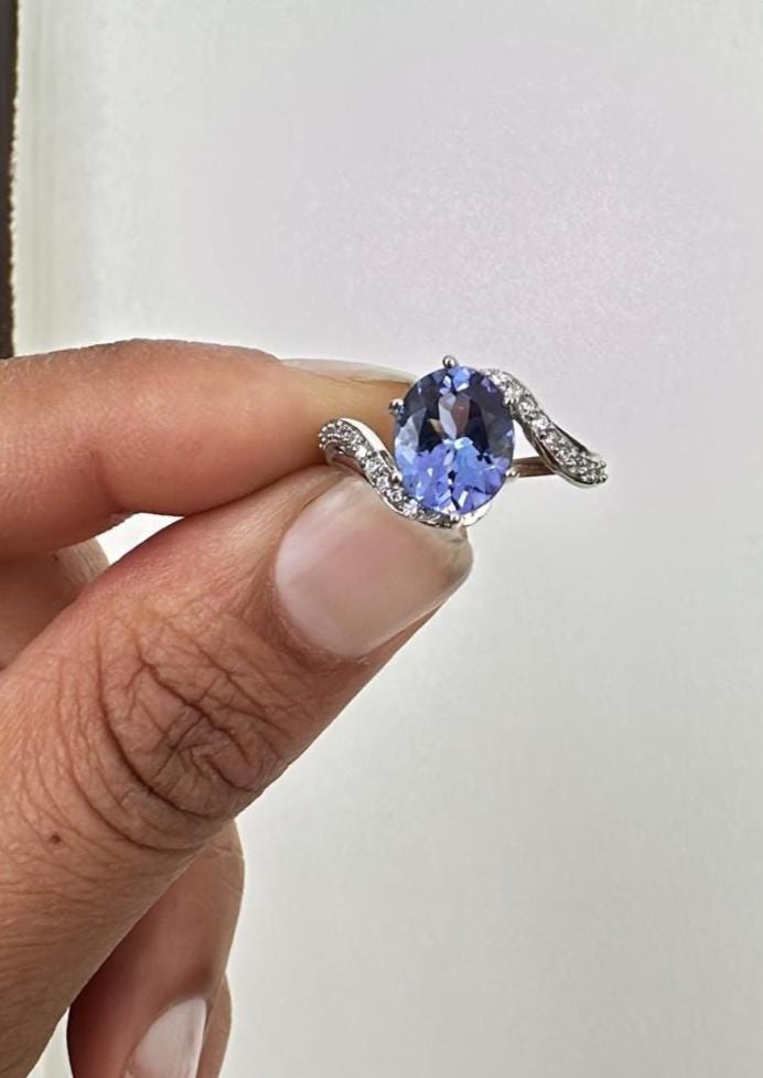Natural Tanzanite Ring, 14k White Gold, Unique Engagement Ring for her