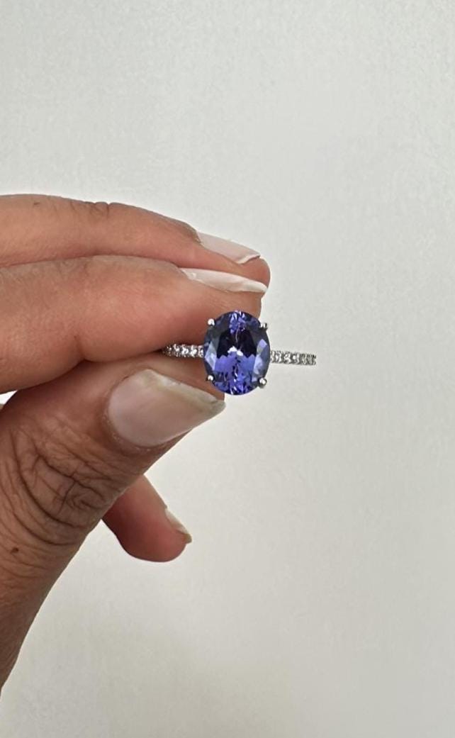 3CT Oval Tanzanite Engagement Ring, Solid 14k Gold, First Anniversary Gift for her