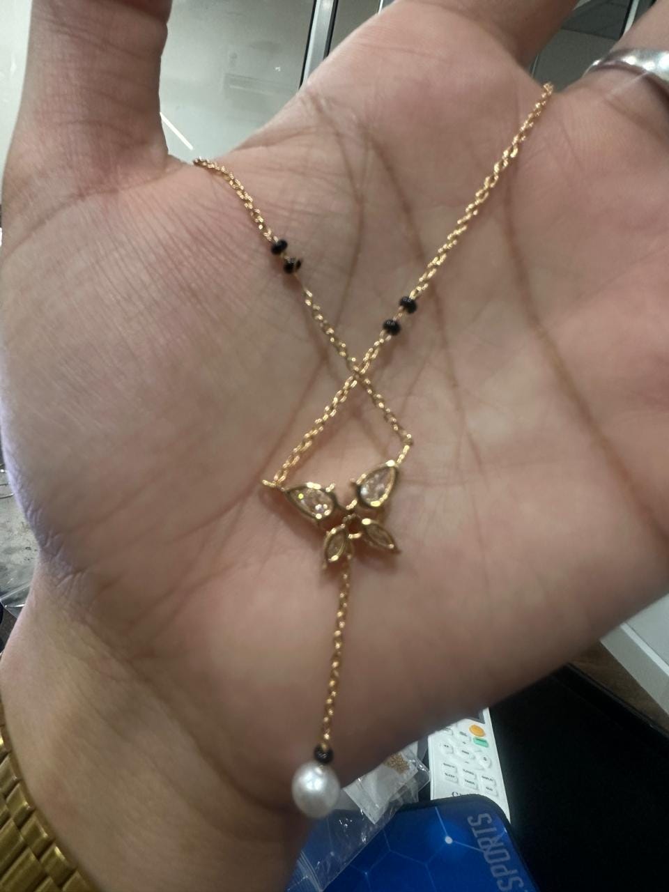 Butterfly Moissanite & Pearl Mangalsutra Pendant: 14K Gold Vermeil Indian Necklace