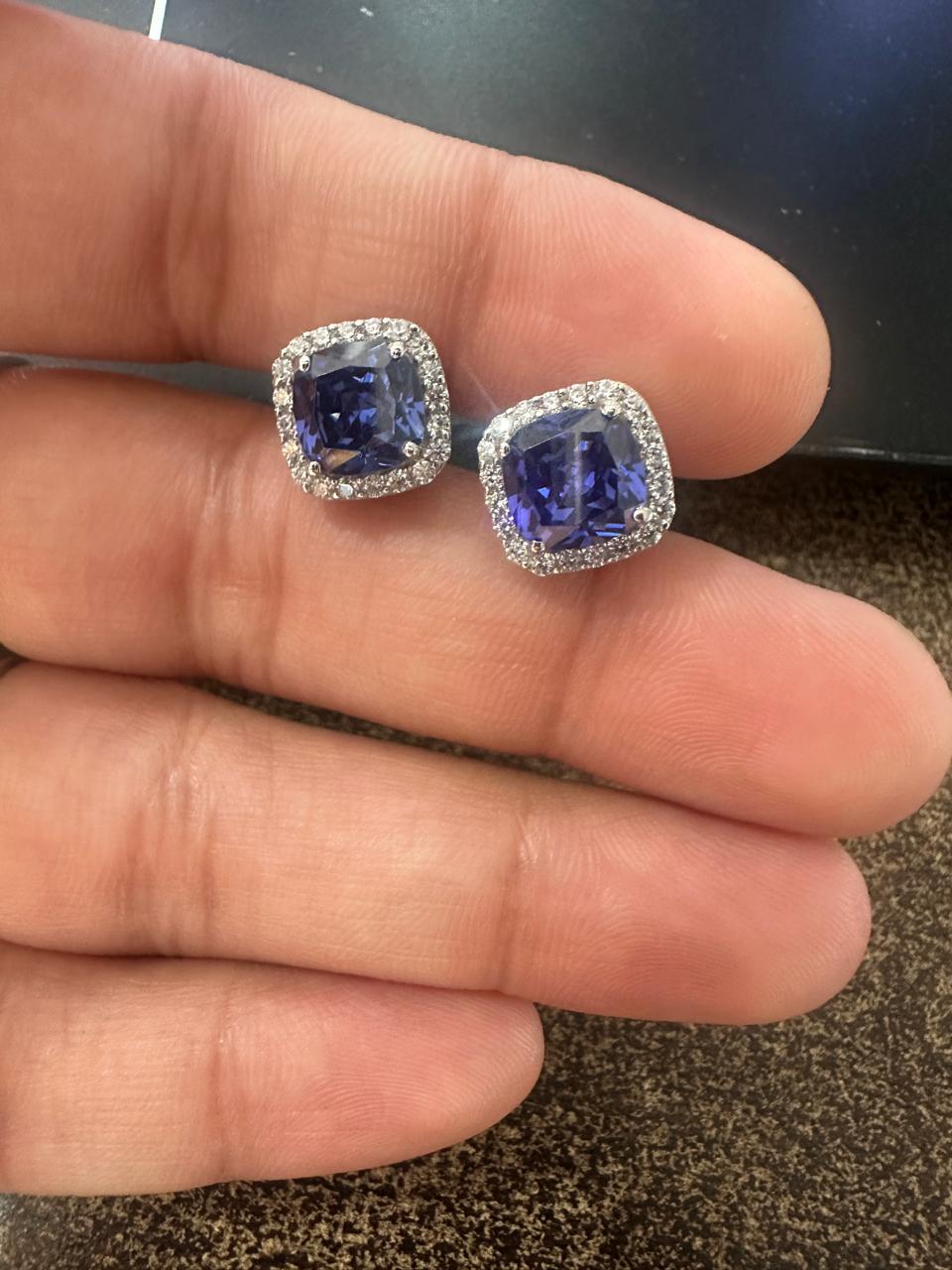 Lab Sapphire Cushion Cut Halo Stud Earrings: 14K White Gold, Moissanite Accents