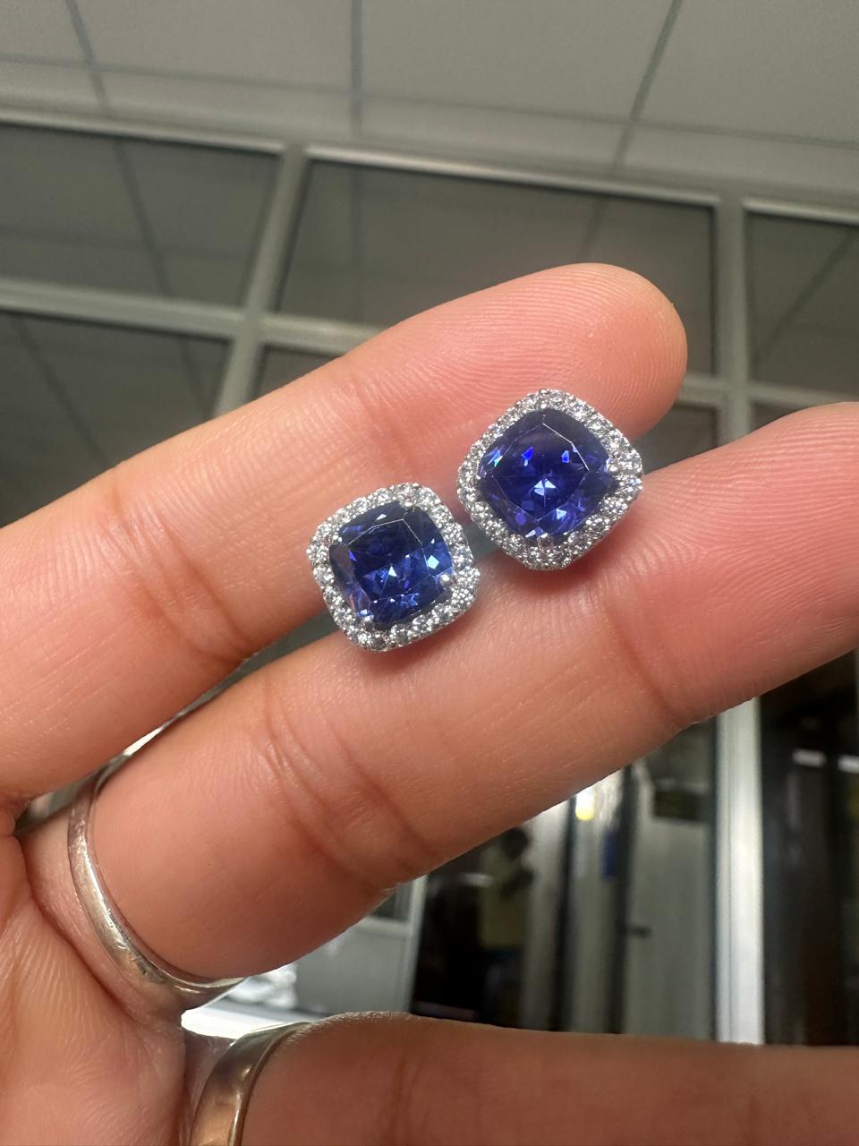 Lab Sapphire Cushion Cut Halo Stud Earrings: 14K White Gold, Moissanite Accents