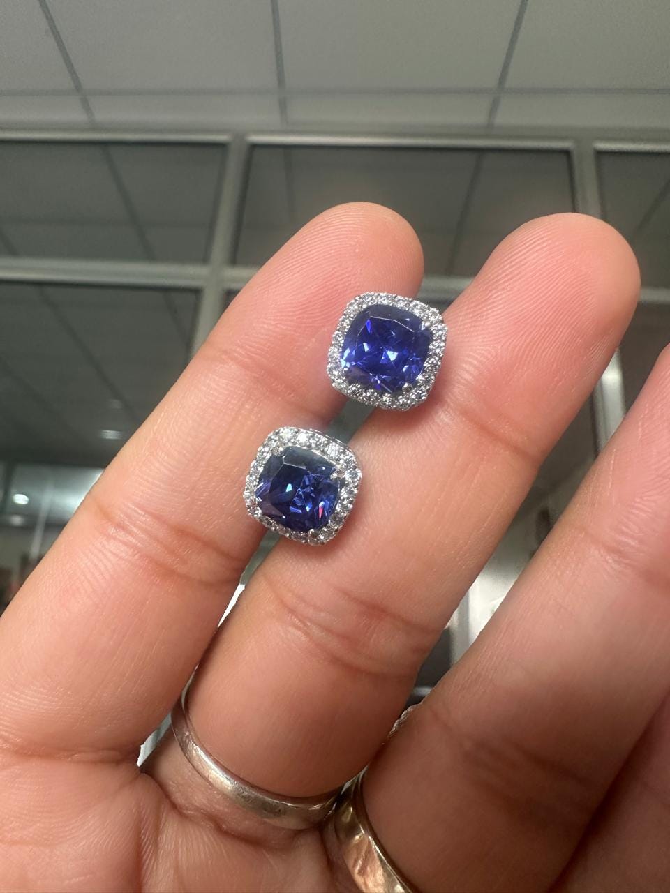 Lab Sapphire Cushion Cut Halo Stud Earrings: 14K White Gold, Moissanite Accents