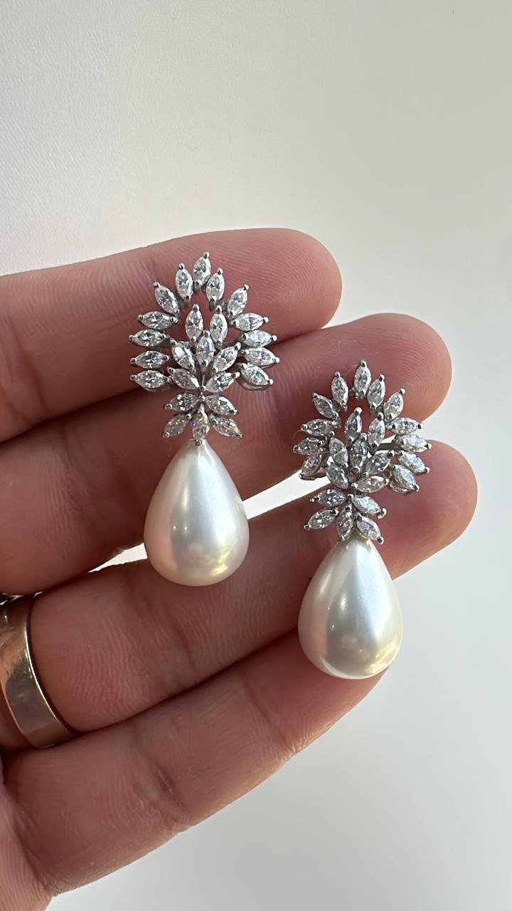 Moissanite & Pearl Drop Earrings for women: 925 Silver Platinum Finish Jewelry for Gift