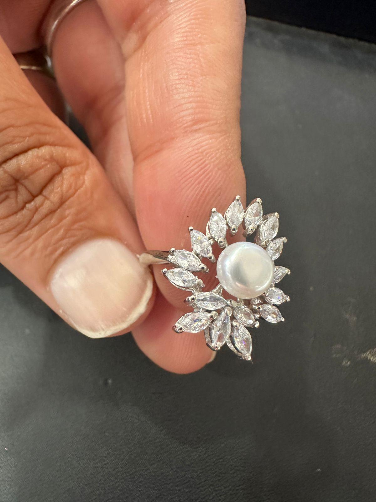 Pearl Moissanite Sunburst Ring: 925 Sterling Silver Cocktail Jewelry