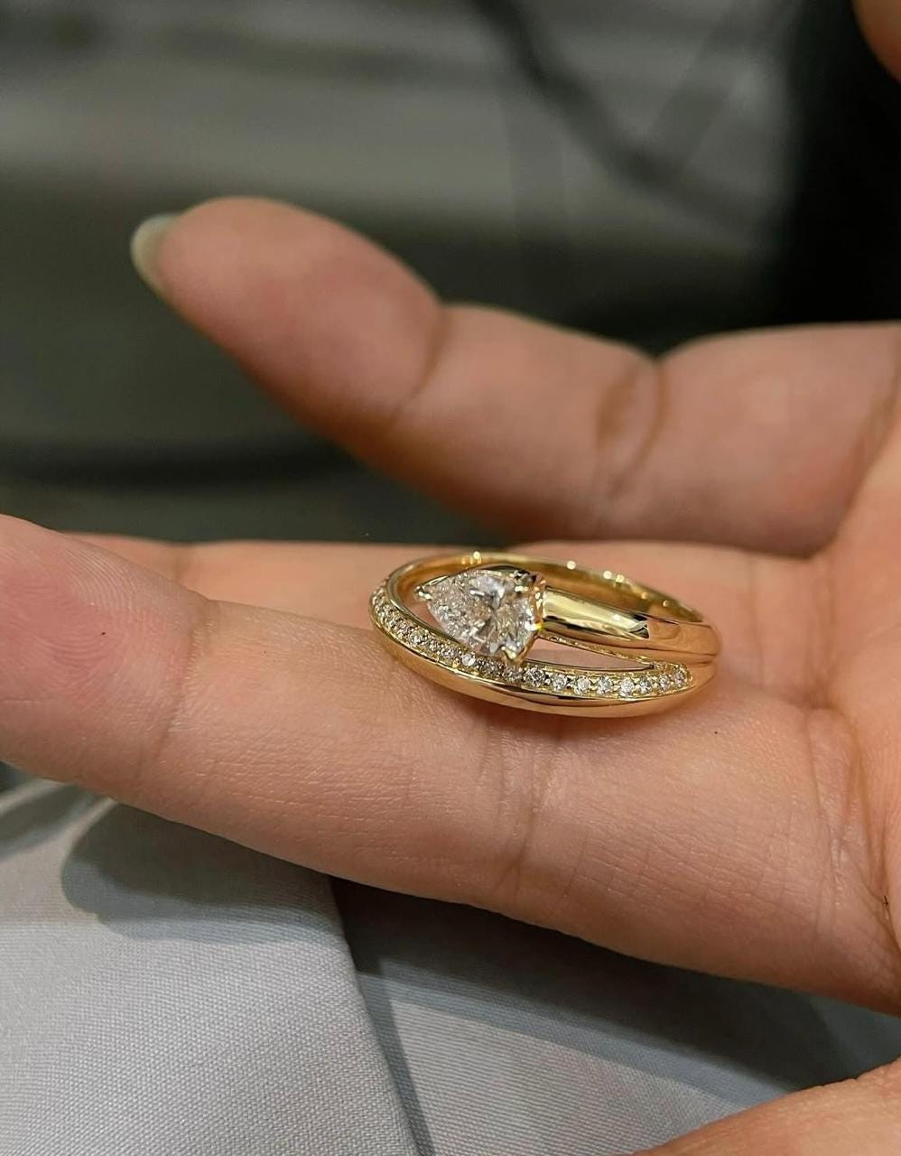 Pear Moissanite Engagement Ring: 14K Gold Vermeil Sterling Silver Bypass Design
