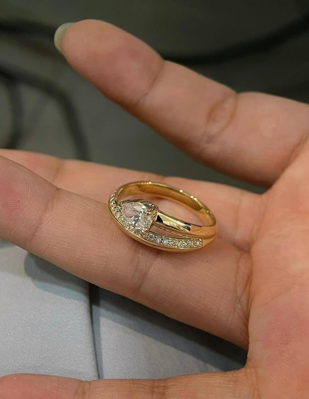 Pear Moissanite Engagement Ring: 14K Gold Vermeil Sterling Silver Bypass Design