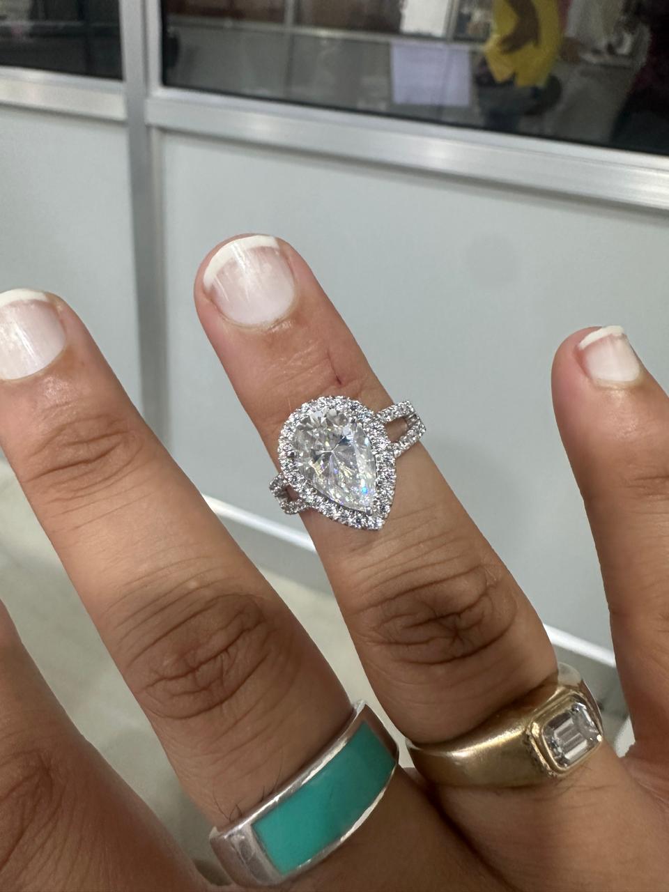 Pear Cut Moissanite Halo Split Band Engagement Ring in 14K White Gold Finish, Pear Shaped Bridal Ring, Luxury Promise Ring Gift for Her